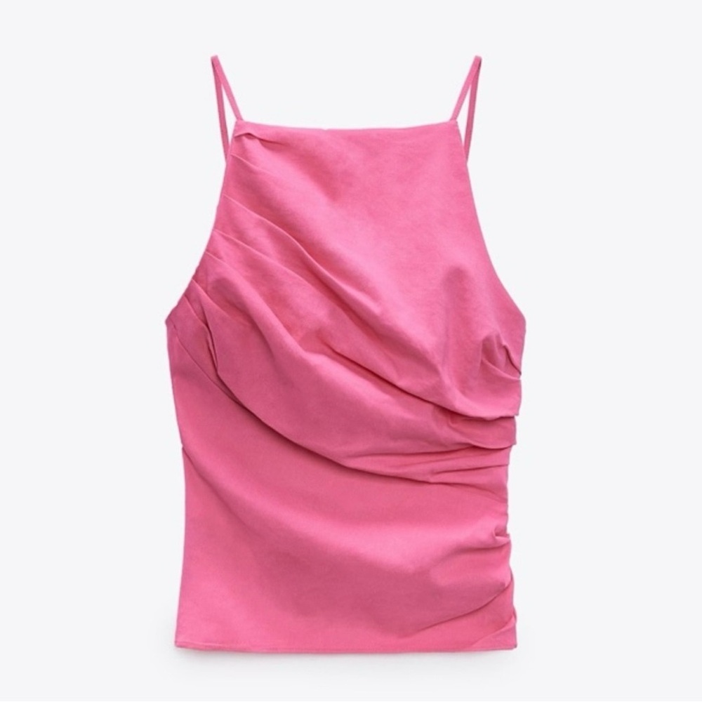 Zara Pink Draped Cami Top SZ XL Back Zip Summer Vacation Coquette Girly NWT
